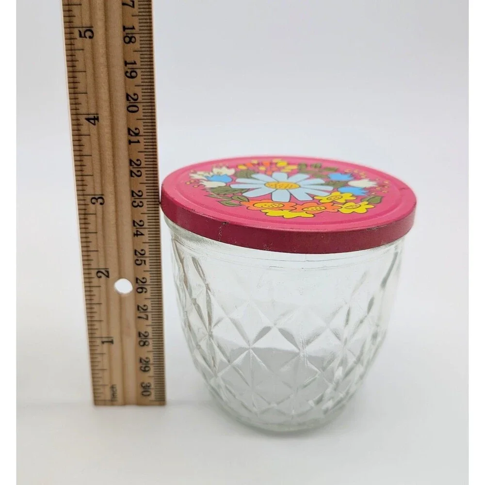 3 BALL Quilted Crystal Glass Jars W/Tin Snap-On Lid Pink Flower MOD Retro